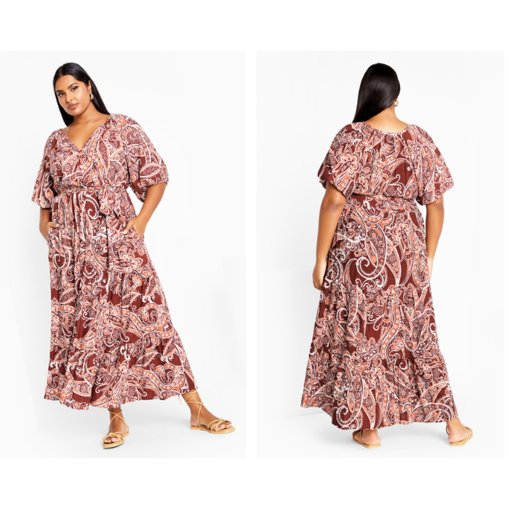 NWT Women's Plus Size 18 Paisley Charm Maxi Dress Marsala Red Puff Sleeve Boho - Picture 1 of 13